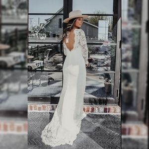 NWT Gorgeous Long Sleeve Lace Boho Sheath Wedding Dress #Rhinestone Belt